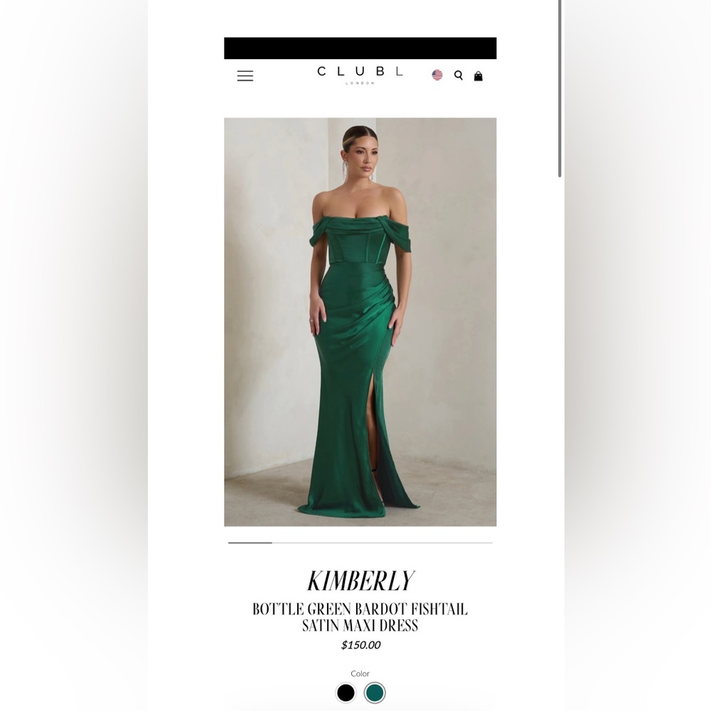 Green Bardot fishtail Satin Maxi Dress